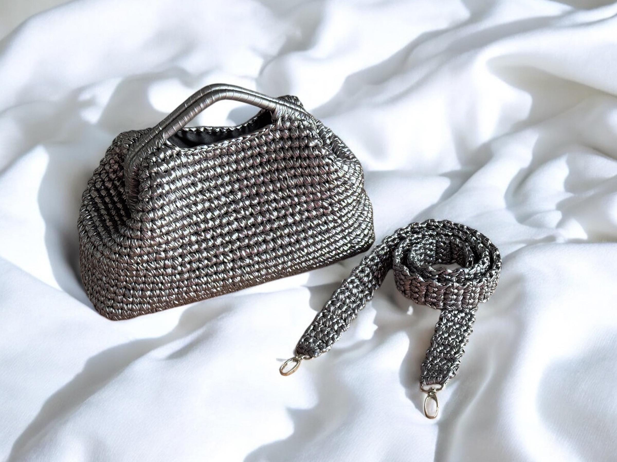 Woven Leather Top Handle Bag | Metallic Raffia Crochet Clutch Bag | Handmade  Evening Bag | Wedding Clutch Purse | Party Women Handbag