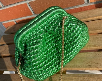 Leather Metallic Raffia Green Mini Clutch Bag,Crochet Pouch Bag,Handmade Woven Evening Knitted Bag,Metallic Clutch Bag with Chain