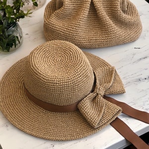 Crochet Straw Raffia Bucket Hat with Bow Detail, Handmade Raffia Beach Hat and Crochet Straw Pouch Clutch Bag Set image 2
