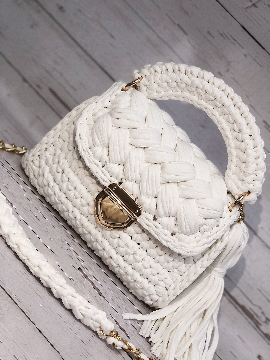 Hand Knitted Design White Bag / Handmade Crochet Shoulder Bag - Etsy