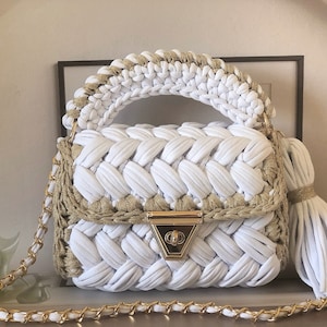 Handgemachte Tasche/Häkeltasche/Handgewebte Tasche/Designertasche/Stricktasche/Frauentasche/ Luxustasche/Weiße Tasche/Schwarze Tasche