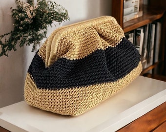 Sac pochette d'été en paille au crochet, pochette de plage en raphia, sac à main en paille boulette