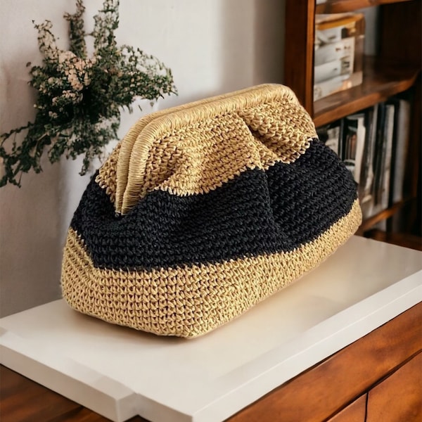 Crochet Straw Summer Pouch Bag,Raffia Beach Clutch Bag,Straw Dumpling Clutch Handbag