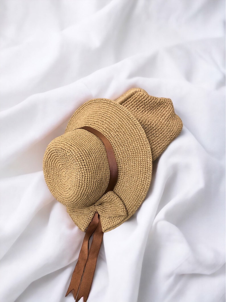 Crochet Straw Raffia Bucket Hat with Bow Detail, Handmade Raffia Beach Hat and Crochet Straw Pouch Clutch Bag Set image 7