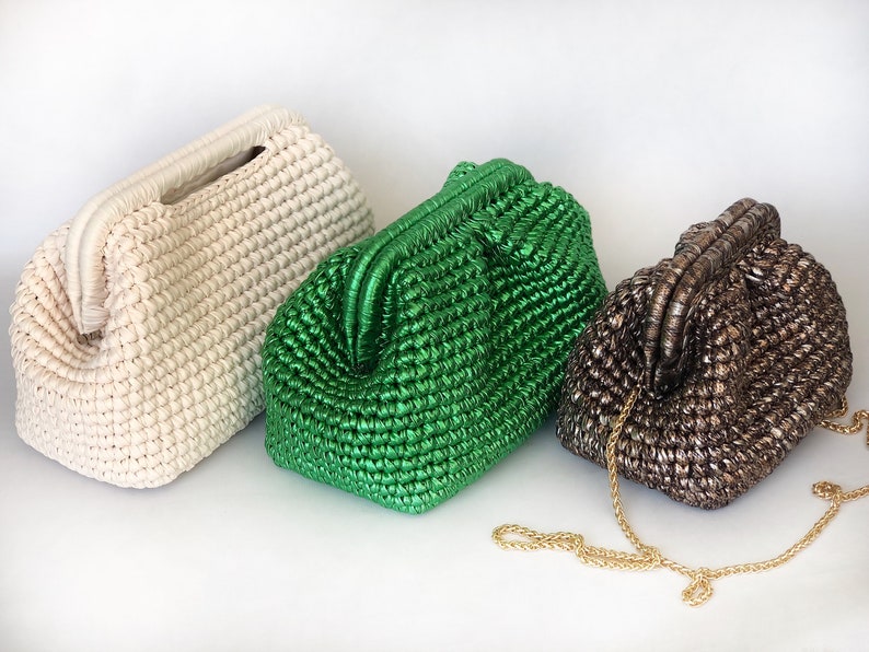 Crochet Metallic Raffia Bag , Evening Crochet Pouch Bag , Handmade Luxury Metallic Clutch Bag image 6