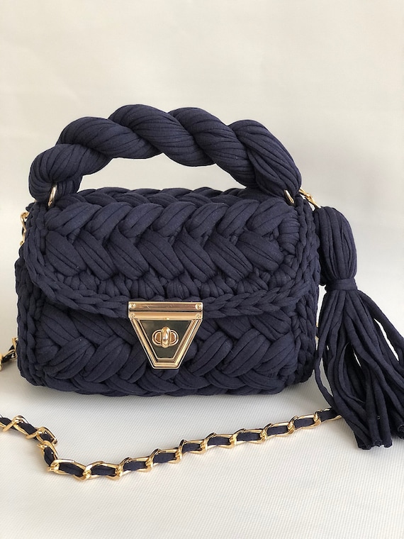 Crochet Knitted Personalized Navy Blue Shoulder Bag - Etsy