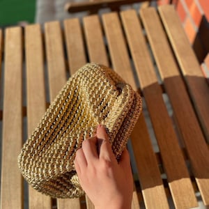 Evening Knitted  Pouch Bag , Crochet Metallic Raffia Clutch Bag