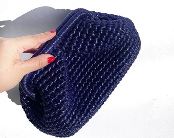 Navy Blue Crochet Metallic Raffia Clutch Bag,Evening Knitted Pouch Bag,Handmade Luxury Handbag