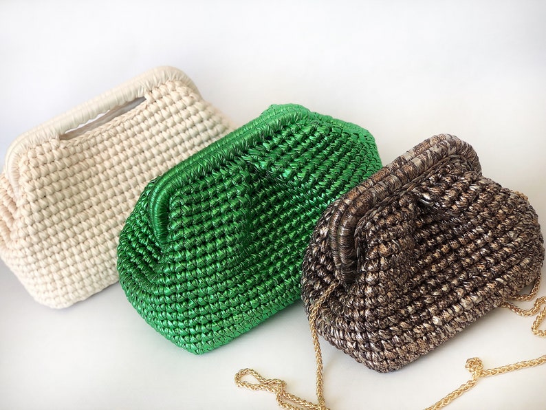 Crochet Metallic Raffia Bag , Evening Crochet Pouch Bag , Handmade Luxury Metallic Clutch Bag image 9