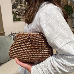 Bronze Metallic Raffia Crochet Clutch Bag,Small Medium Large Pouch Bag , Evening Knitted Luxury Hand Bag