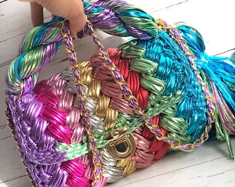 Handmade Luxury Crochet Leather Colorful Metallic Woman Bag, Multicolor Leather Large Size Bag,Christmas Gift for Her,Custom Made Bag