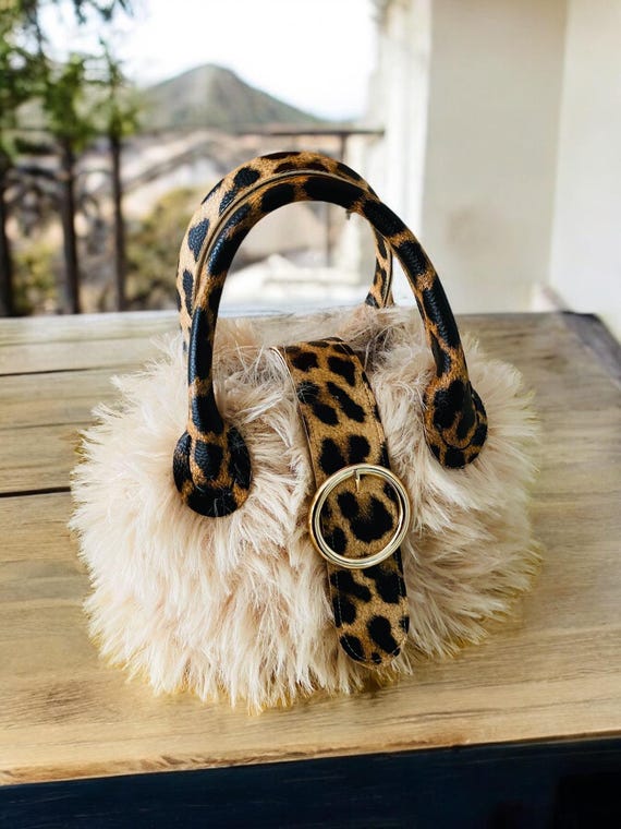Handmade Mini Fur Evening Handbag,leopard Leather Detail Fluffy