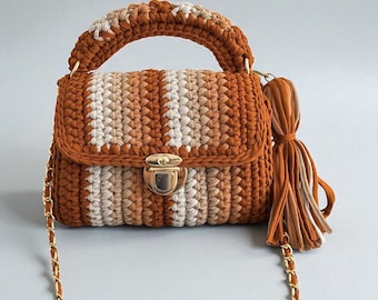 Handmade Crochet Crossbody Bag: Boho Striped Cotton Purse with Tassel
