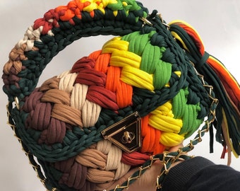 Handmade Crochet Colorful Shoulder Bag: Cotton T-Shirt Yarn