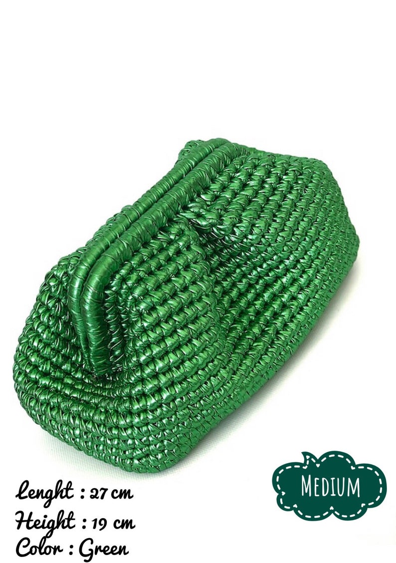 Crochet Metallic Raffia Bag , Evening Crochet Pouch Bag , Handmade Luxury Metallic Clutch Bag image 3