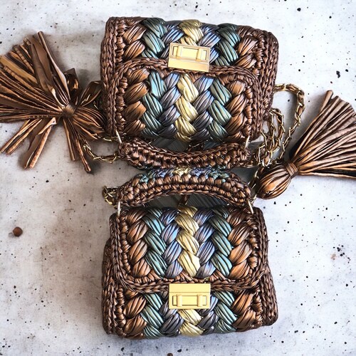 Colorful Leather Metallic Hand Woven Crochet Handmade Luxury Tote Bag