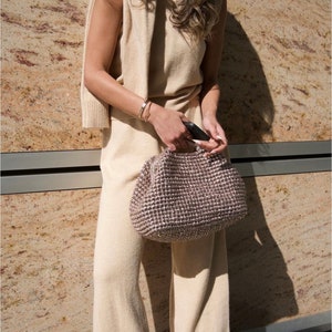 Bolso de mano grande de rafia metalizada con asa superior, bolso de mano tejido a crochet para fiesta de noche, bolso de mano para mujer hecho a mano