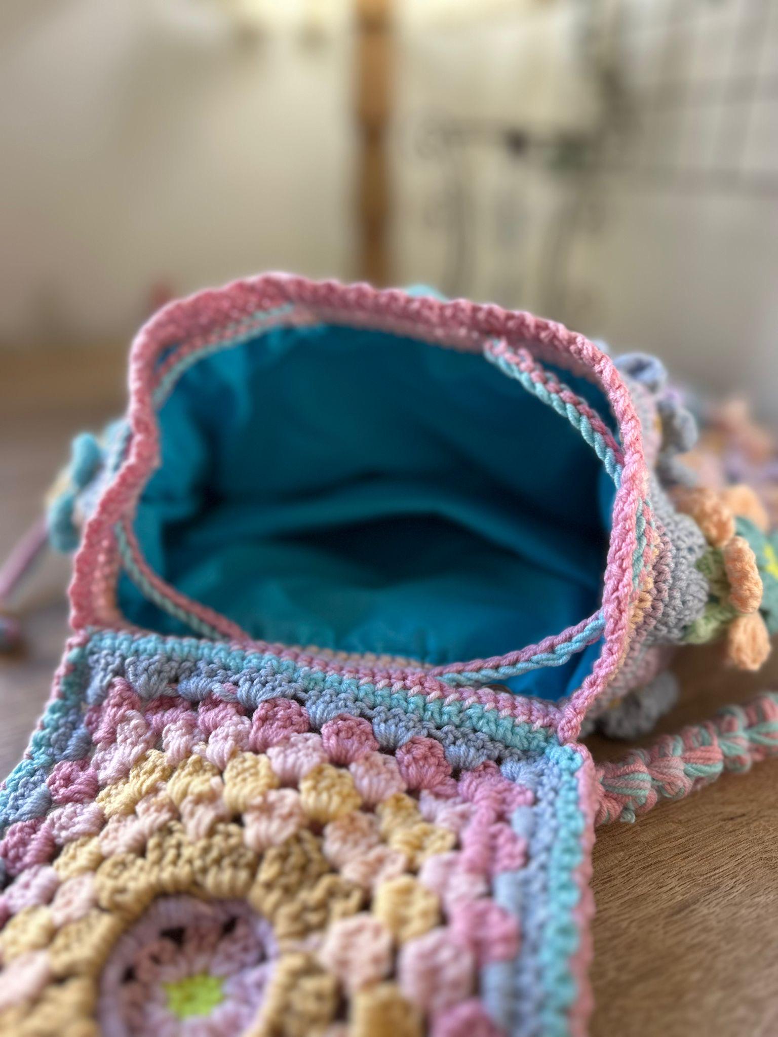 Handmade Crochet Granny Square Backpack - Pastel Pink & Multi Crochet Granny Square Backpack : Handmade Personalized  main image 2