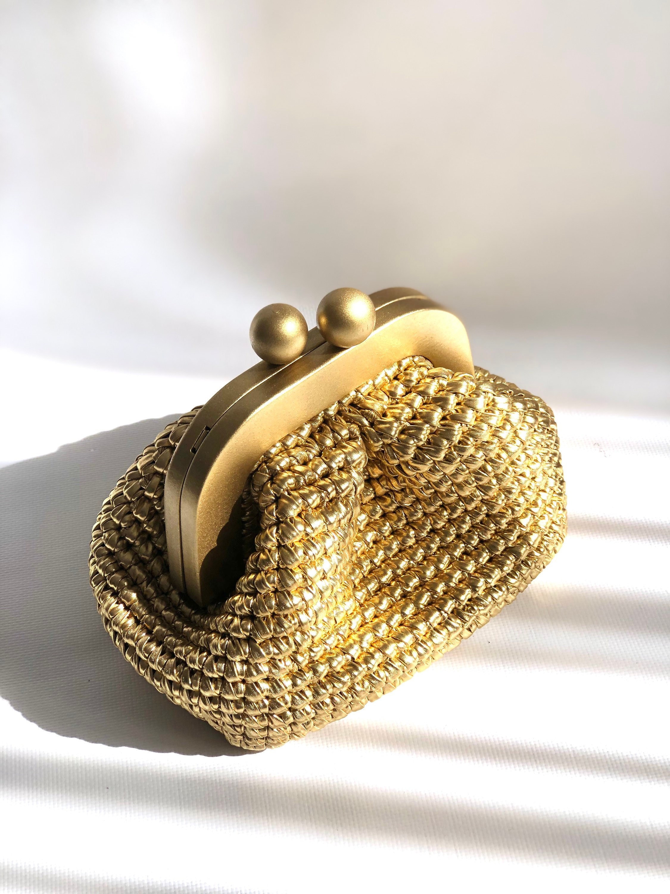 Crochet Metallic Raffia Clutch Bag,Evening Knitted Pouch Bag,Handmade Luxury Clutch Bag, Evening Clutch For Wedding