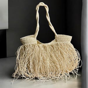 Handmade Raffia Fringe Beach Bag | Boho Summer Tote | Crochet Straw Purse | Vacation Bag | Woven Resort Bag | Coastal Style Bag