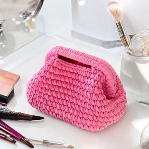 Borsa per il trucco rosa in cotone all'uncinetto, piccola borsa per cosmetici con manico superiore da donna, borsa per il trucco personalizzata, borsa per il trucco da damigella d'onore