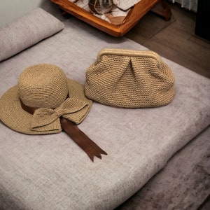 Crochet Straw Raffia Bucket Hat with Bow Detail, Handmade Raffia Beach Hat and Crochet Straw Pouch Clutch Bag Set image 4