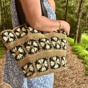 Crochet Raffia Tote Bag: Handmade Boho Granny Square Beach Bag
