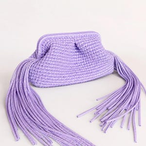 Fringe Clutch Bag,Lavender Lilac Vegan Leather Evening Purse,Hand-Crocheted Top Handle Bag