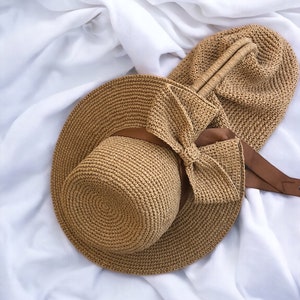Crochet Straw Raffia Bucket Hat with Bow Detail, Handmade Raffia Beach Hat and Crochet Straw Pouch Clutch Bag Set image 6