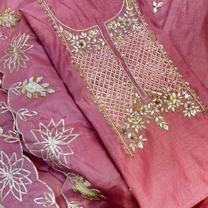 Hand Embroidered Chanderi Salwar Kameez: Light Pink Punjabi Suit
