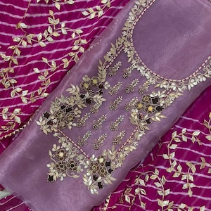Purple Organza Salwar Kameez: Hand Embroidered Punjabi Suit