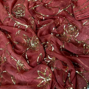 Maroon Chiffon Saree: Indian Bridal Sequence Work, Handwork Embroidery