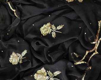 Handmade Chiffon Saree with Kasab Embroidery, Indian Designer Saree