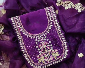 Handmade Purple Organza Salwar Kameez: Zardozi Embroidery, Unstitched 3-Piece Suit