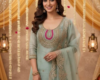 Handmade Organza Salwar Kameez Suit: Zardozi & Gotta Patti Work