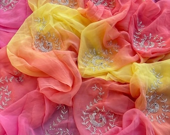 Handwork Diamond Chiffon Saree, Embroidered Bollywood Sari With Blouse