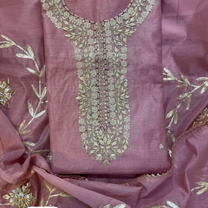 Hand Embroidered Chanderi Salwar Kameez: Light Pink Punjabi Suit