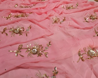 Pink Chiffon Saree with Handwork Sequins and Jari Embroidery, Wedding Party Wear