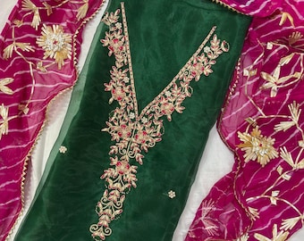 Green Organza Salwar Kameez: Zardozi & Gota Patti Indian Kurta Set