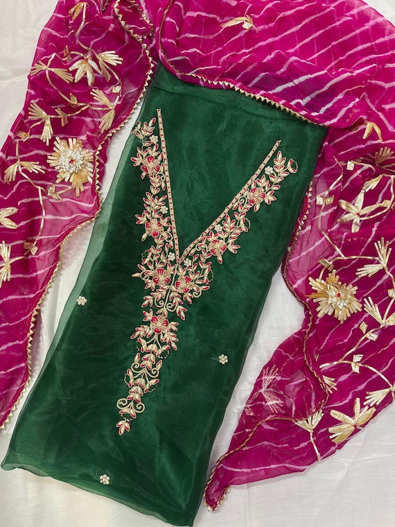 Green Organza Salwar Kameez: Zardozi & Gota Patti Indian Kurta Set