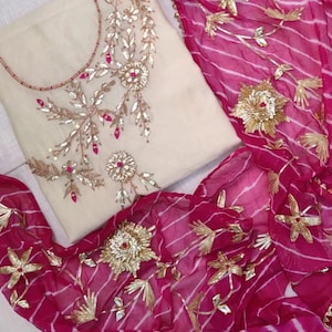 Hand Embroidered Chanderi Salwar Kameez: Pearl & Zardozi Work Punjabi Suit