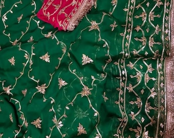 Handmade Chiffon Saree: Bollywood Floral Sitara Embroidery, Unstitched Blouse