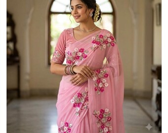 Pink Chiffon Saree with Floral Sequin Embroidery, Indian Saree, Party Wear Saree, Wedding Guest Saree, Festive Ethnic Women Outfit