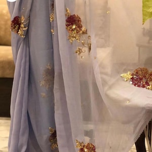 Handmade Chiffon Saree: Indian Wedding Sari with Sitara Embroidery