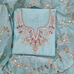 Hand Embroidered Chanderi Salwar Kameez: Punjabi Suit with Pearl Work