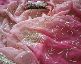 Handwork Diamond Chiffon Saree, Bollywood Embroidered Sari with Blouse