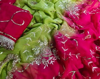Handmade Diamond Chiffon Saree: Floral Sequence, Indian Wedding Sari