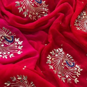 Handmade Chiffon Saree: Peacock Embroidery, Gota Patti Work, Indian Bridal