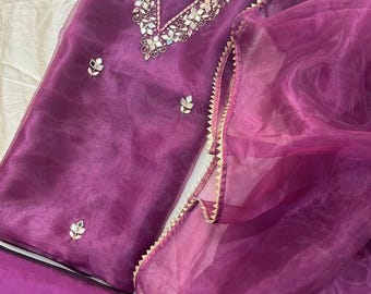 Handmade Organza Salwar Kameez Suit: Indian Mirror Work Punjabi Dress