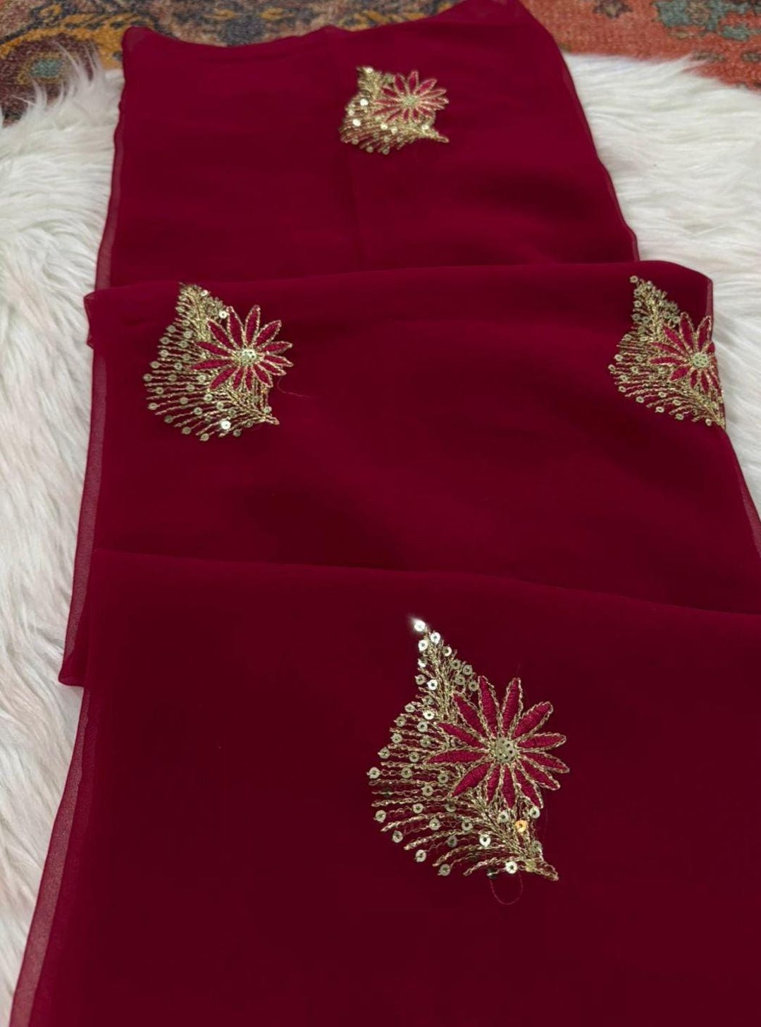 Dark Red Diamond Chiffon Saree: Indian Bridal Embroidery, Handwork - Etsy